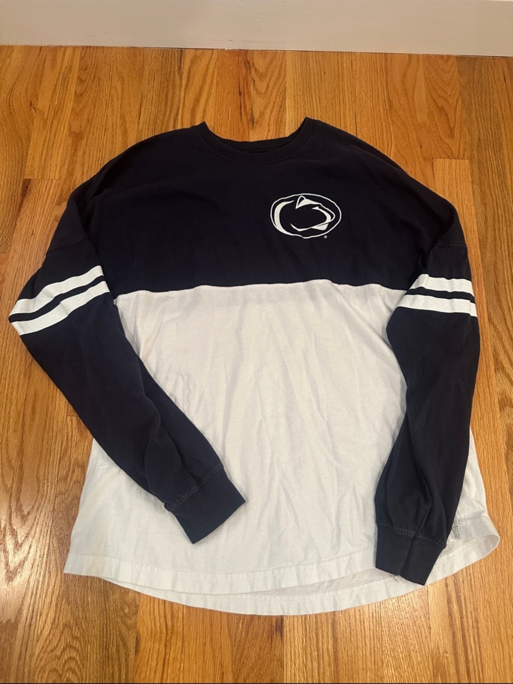 Penn state Two-Tone Navy and White Long Sleeve Crewneck with Striped Sleeves